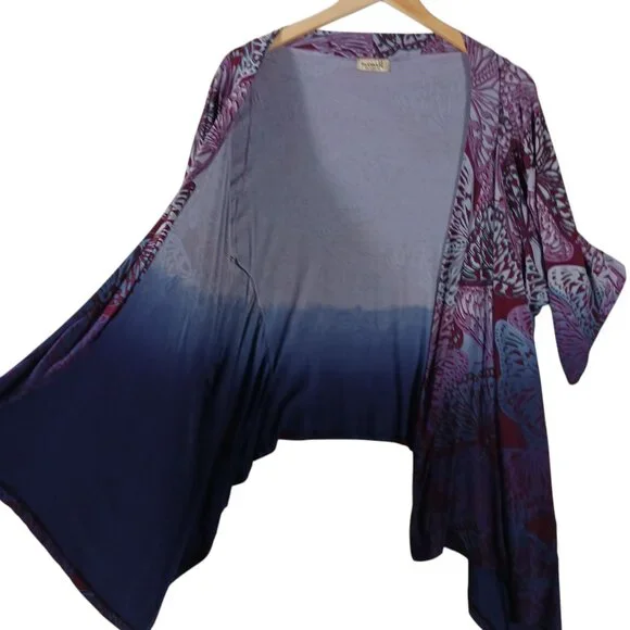 One World, Large, Butterfly Print Wrap, Ruched Sleeves, Blue/Purple/Maroon, Boho - Picture 5 of 16